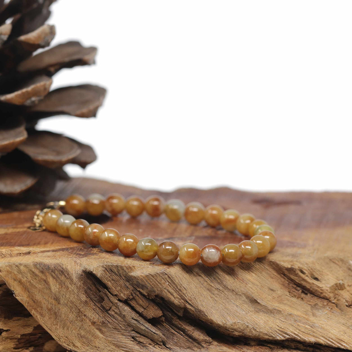 Baikalla Natural Red-Orange Jadeite Jade Round Bead Bracelet W/ 18ky Gold Clasp (6mm)