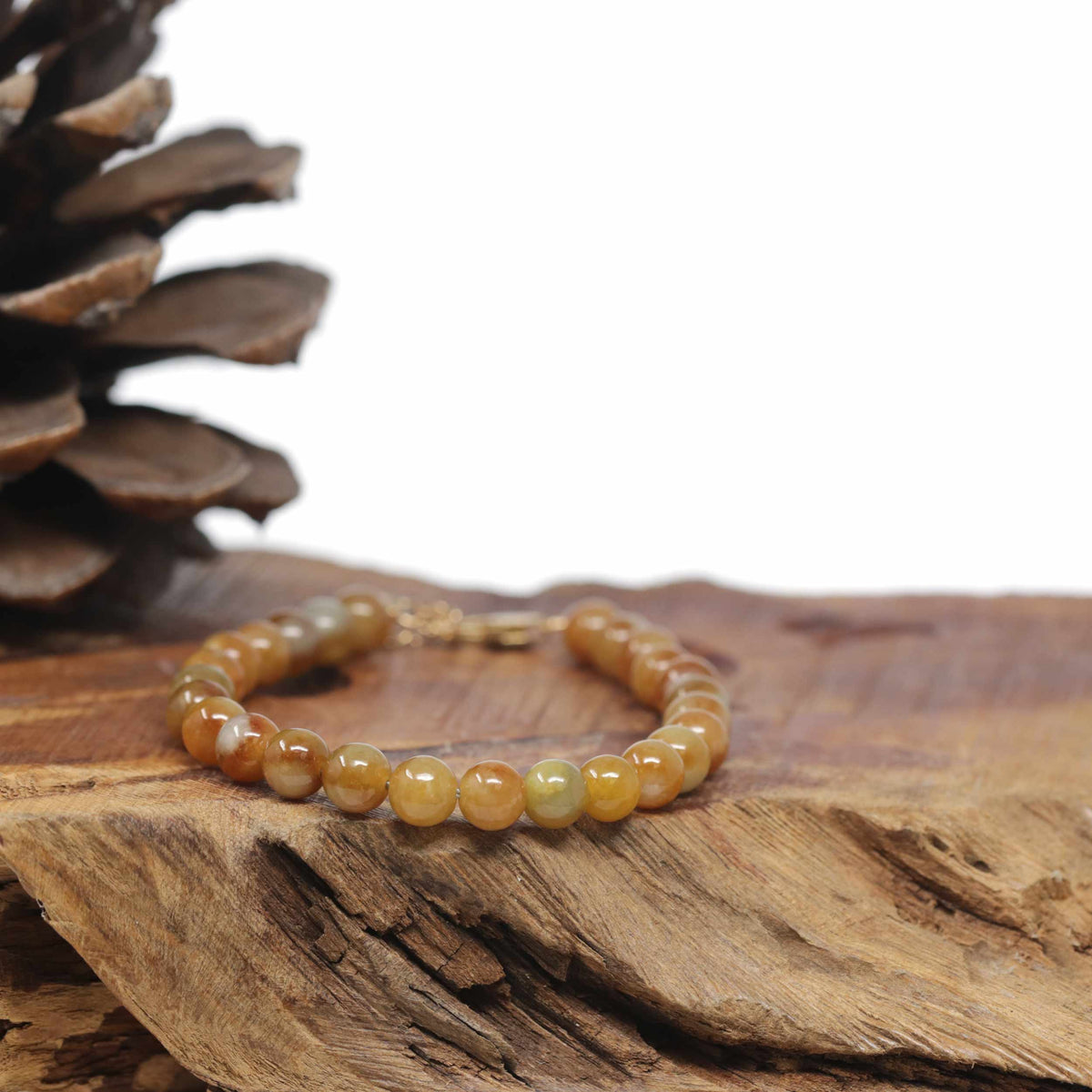 Baikalla Natural Red-Orange Jadeite Jade Round Bead Bracelet W/ 18ky Gold Clasp (6mm)