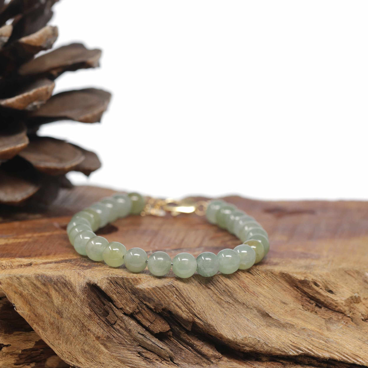 Baikalla Natural Icy Yellow-Green Jadeite Jade Round Bead Bracelet W/ 18ky Gold Clasp (6.5mm)