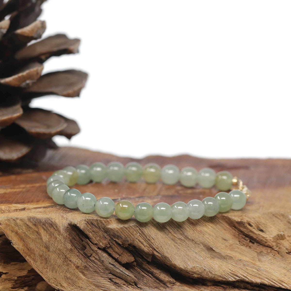 Baikalla Natural Icy Yellow-Green Jadeite Jade Round Bead Bracelet W/ 18ky Gold Clasp (6.5mm)