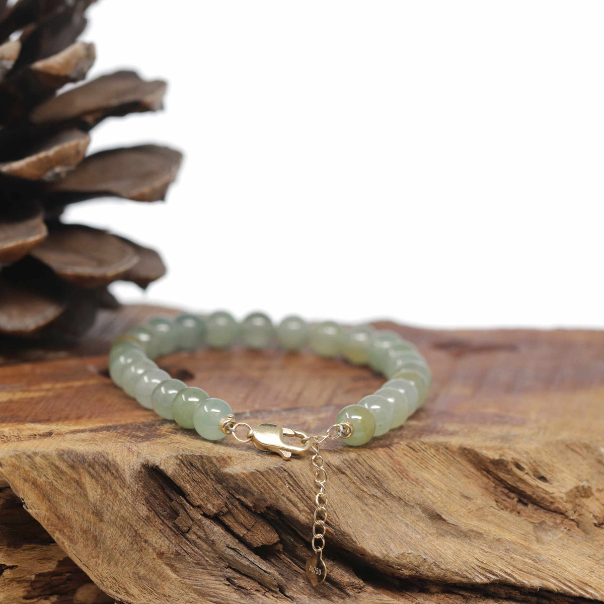 Baikalla Natural Icy Yellow-Green Jadeite Jade Round Bead Bracelet W/ 18ky Gold Clasp (6.5mm)
