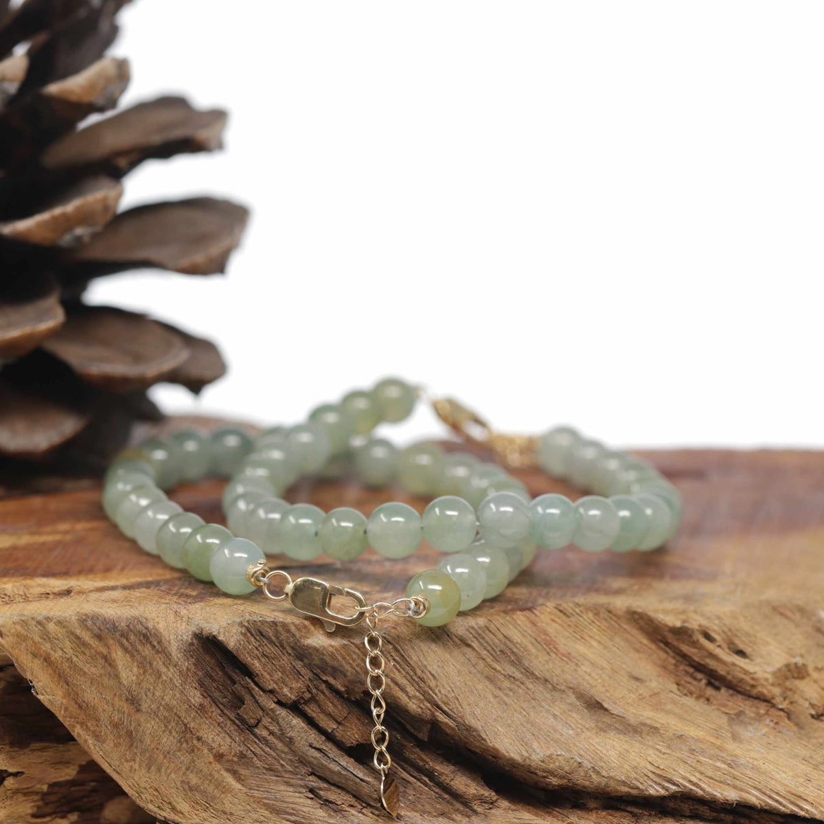 Baikalla Natural Icy Yellow-Green Jadeite Jade Round Bead Bracelet W/ 18ky Gold Clasp (6.5mm)