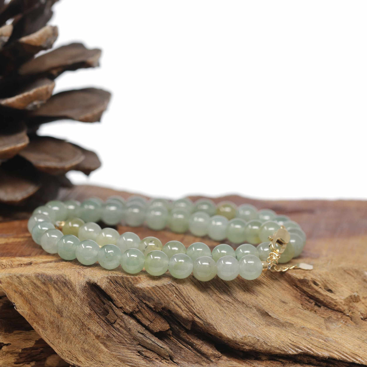 Baikalla Natural Icy Yellow-Green Jadeite Jade Round Bead Bracelet W/ 18ky Gold Clasp (6.5mm)