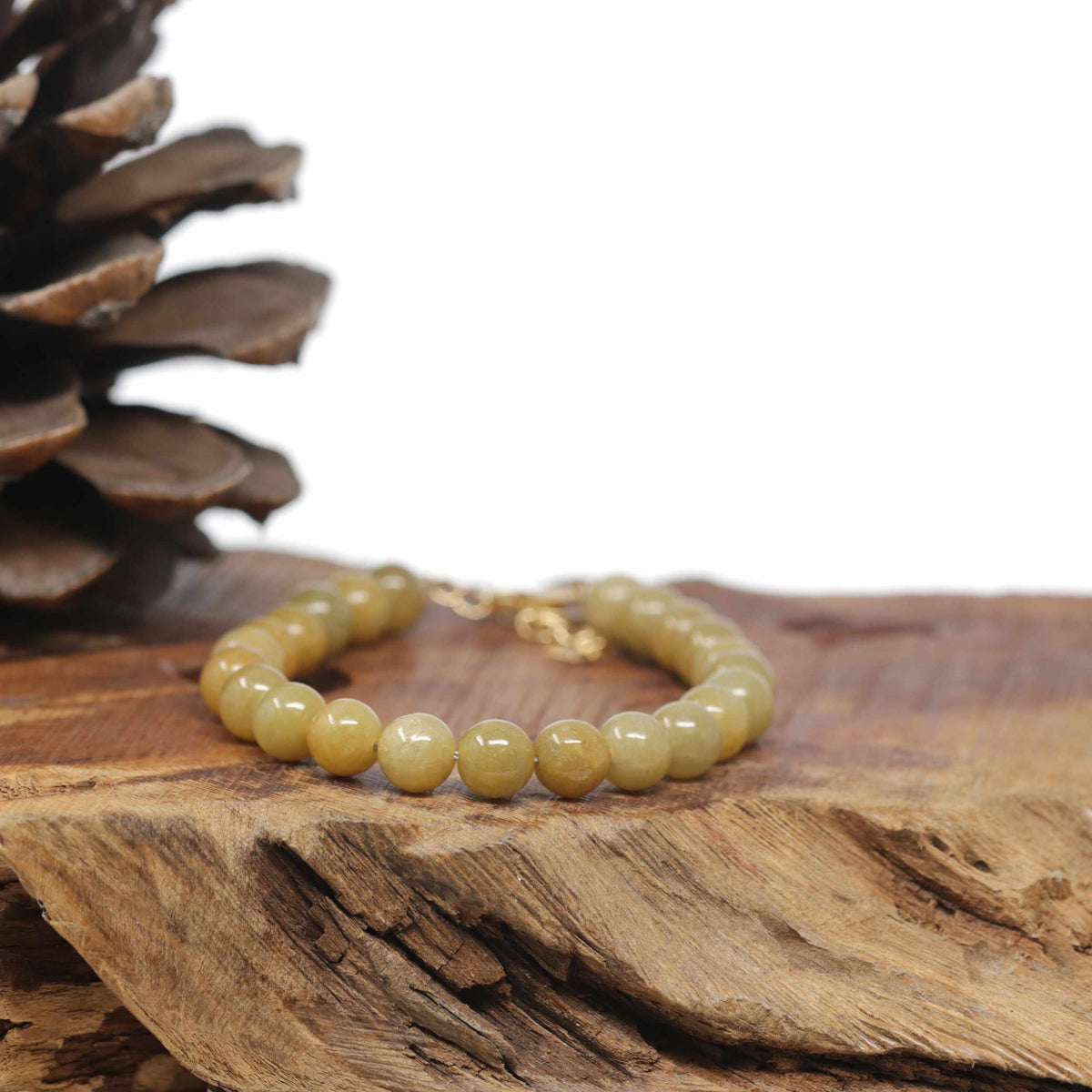 Baikalla Natural Yellow Jadeite Jade Round Bead Bracelet W/ 18ky Gold Clasp (6.5mm)