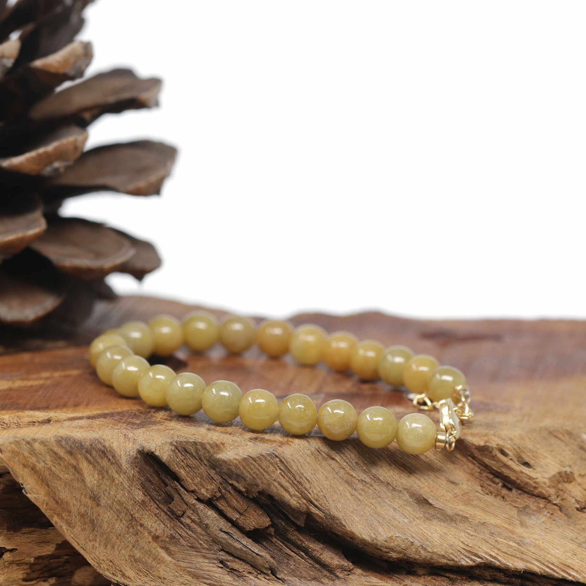 Baikalla Natural Yellow Jadeite Jade Round Bead Bracelet W/ 18ky Gold Clasp (6.5mm)