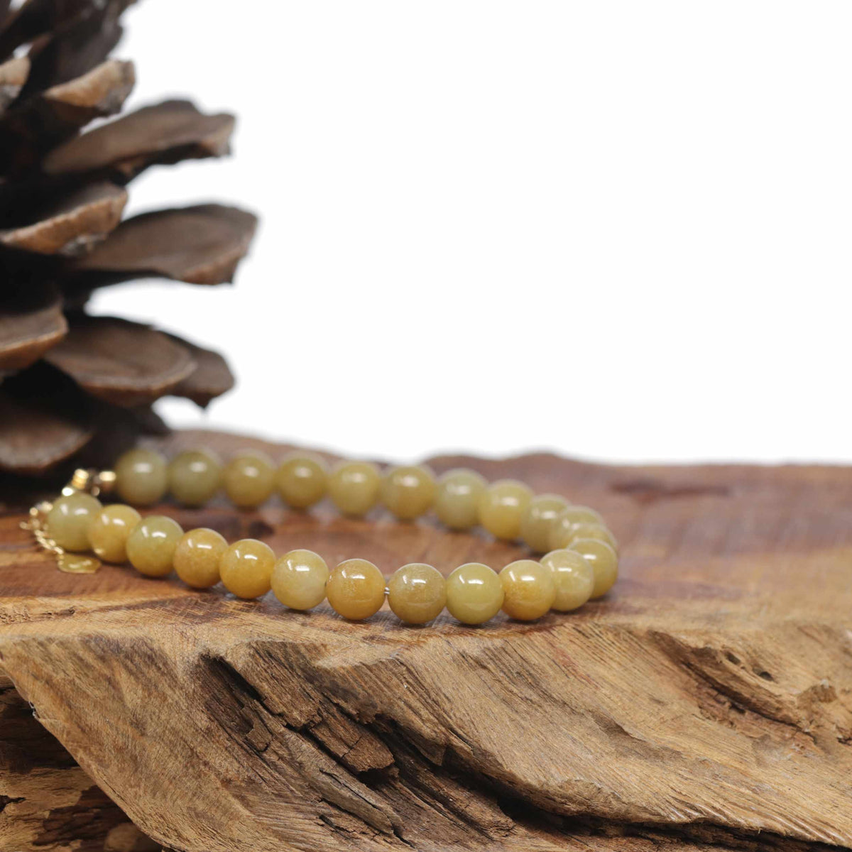 Baikalla Natural Yellow Jadeite Jade Round Bead Bracelet W/ 18ky Gold Clasp (6.5mm)