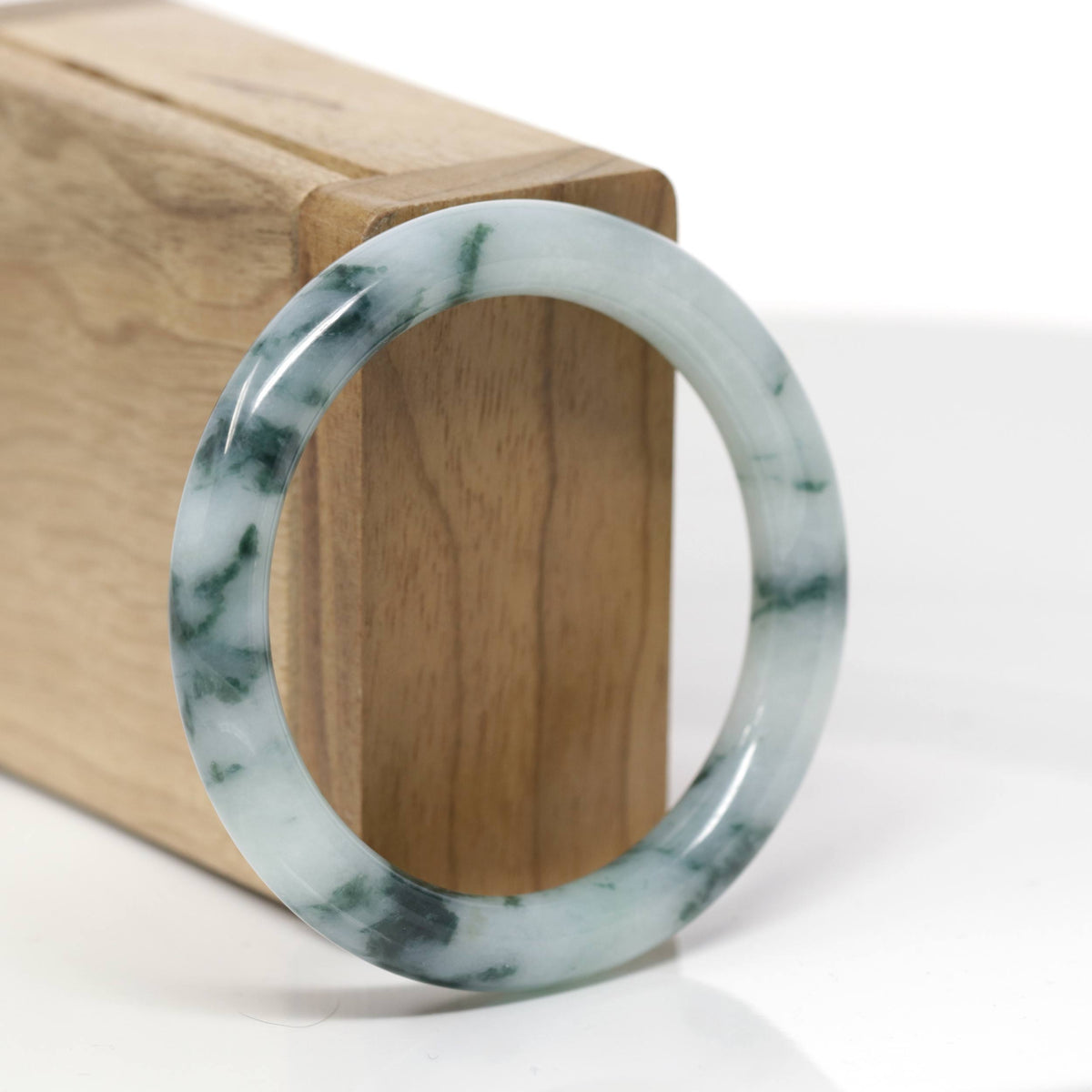 Baikalla Natural Light Blue-Green W/ Blue-Green Flowers Jadeite Jade "Traditional Round" Bangle Bracelet (52.4mm) 