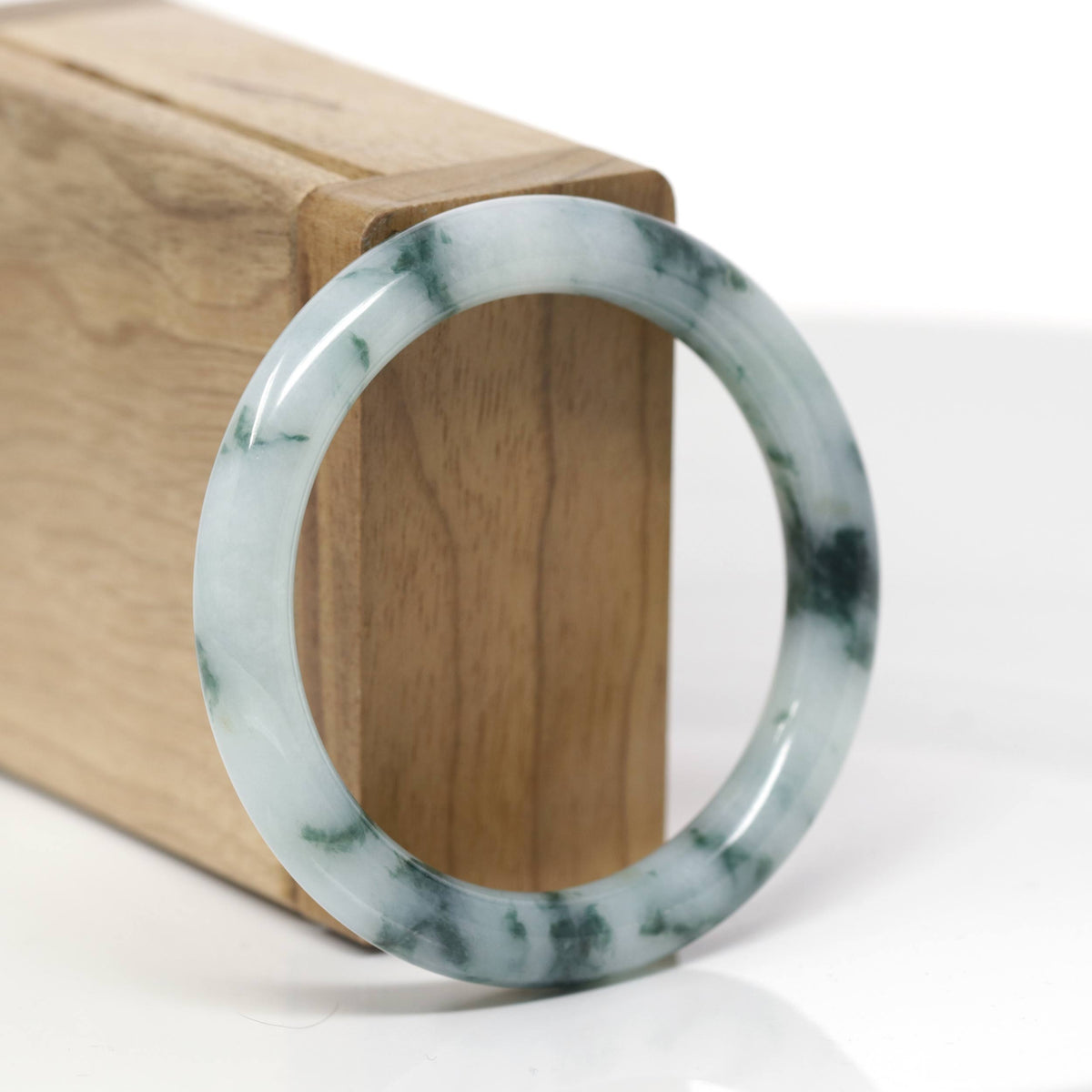 Baikalla Natural Light Blue-Green W/ Blue-Green Flowers Jadeite Jade "Traditional Round" Bangle Bracelet (52.4mm) 