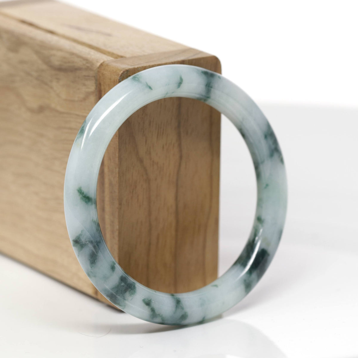Baikalla Natural Light Blue-Green W/ Blue-Green Flowers Jadeite Jade "Traditional Round" Bangle Bracelet (52.4mm) 