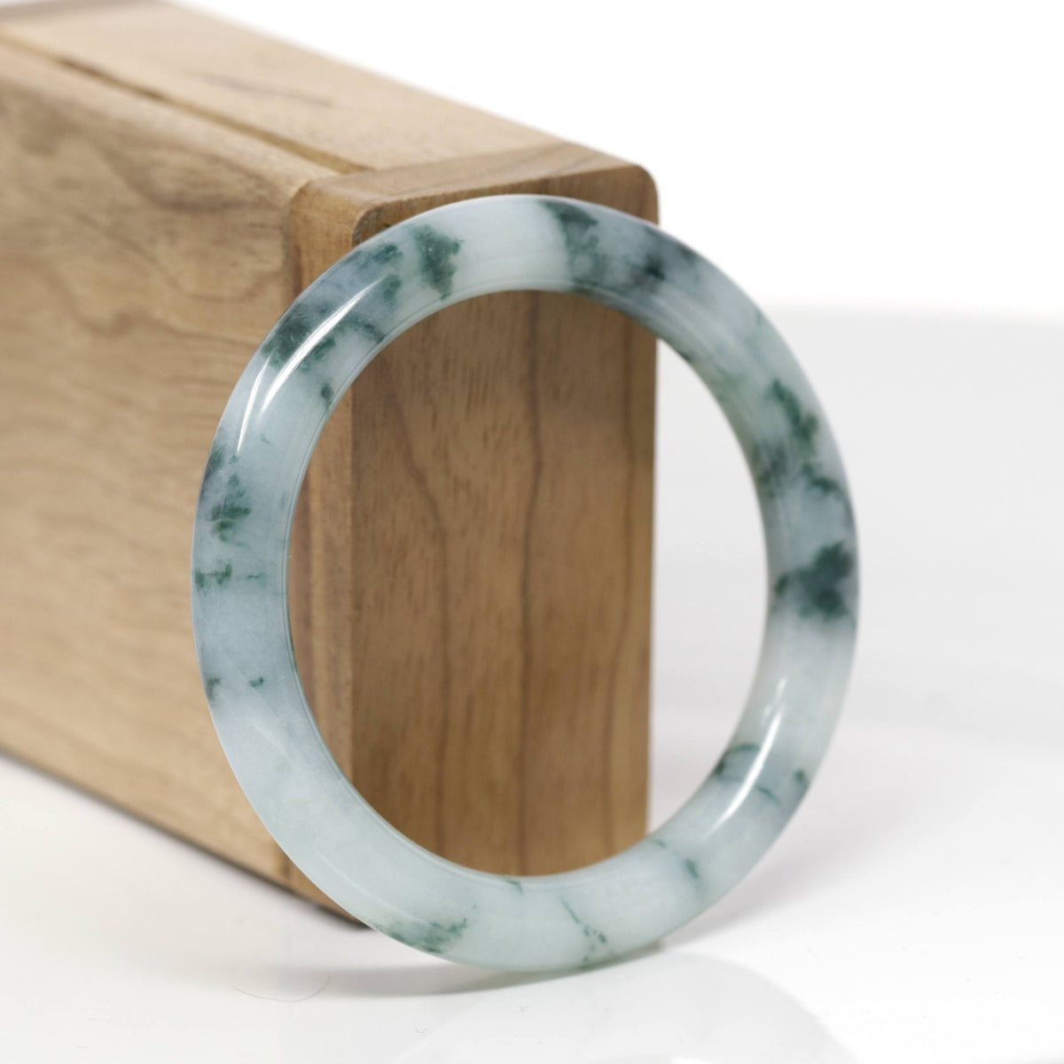 Baikalla Natural Light Blue-Green W/ Blue-Green Flowers Jadeite Jade "Traditional Round" Bangle Bracelet (52.4mm) 