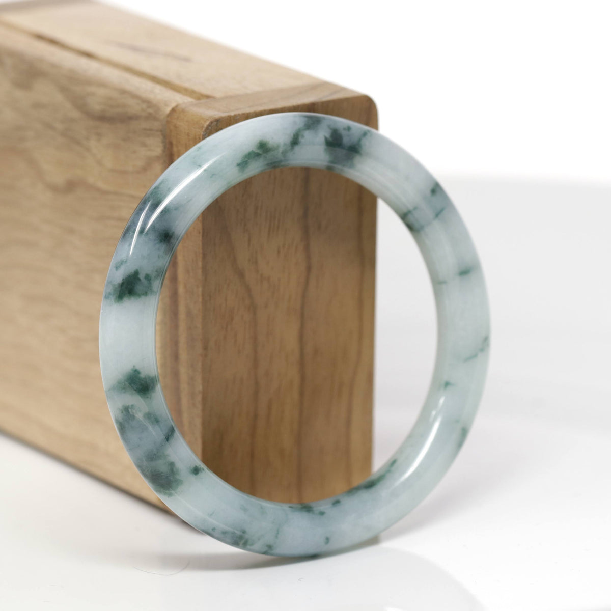 Baikalla Natural Light Blue-Green W/ Blue-Green Flowers Jadeite Jade "Traditional Round" Bangle Bracelet (52.4mm) 
