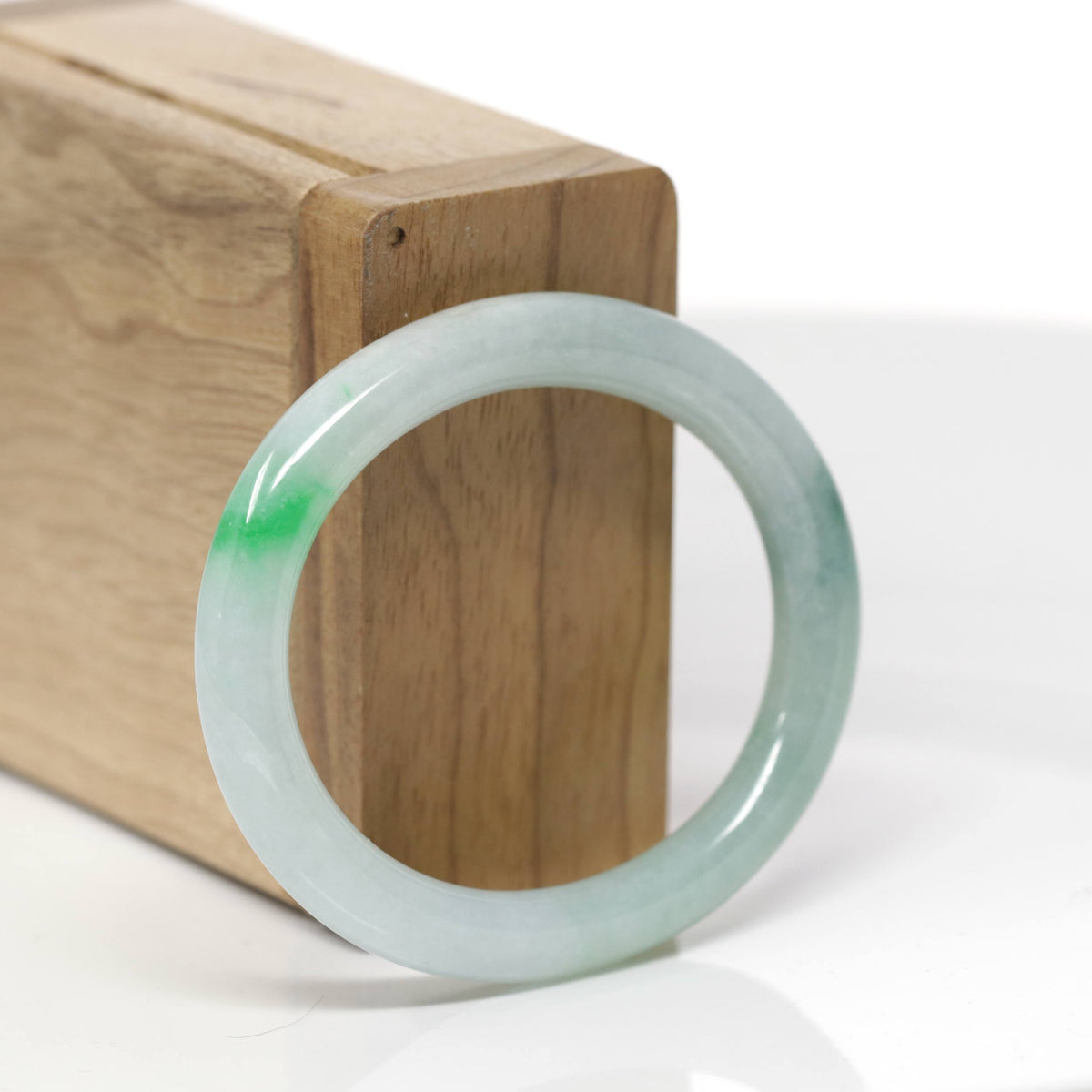 Baikalla Natural Icy Green Flower Jadeite Jade "Oval Traditional Round" Bangle Bracelet (51mm) 