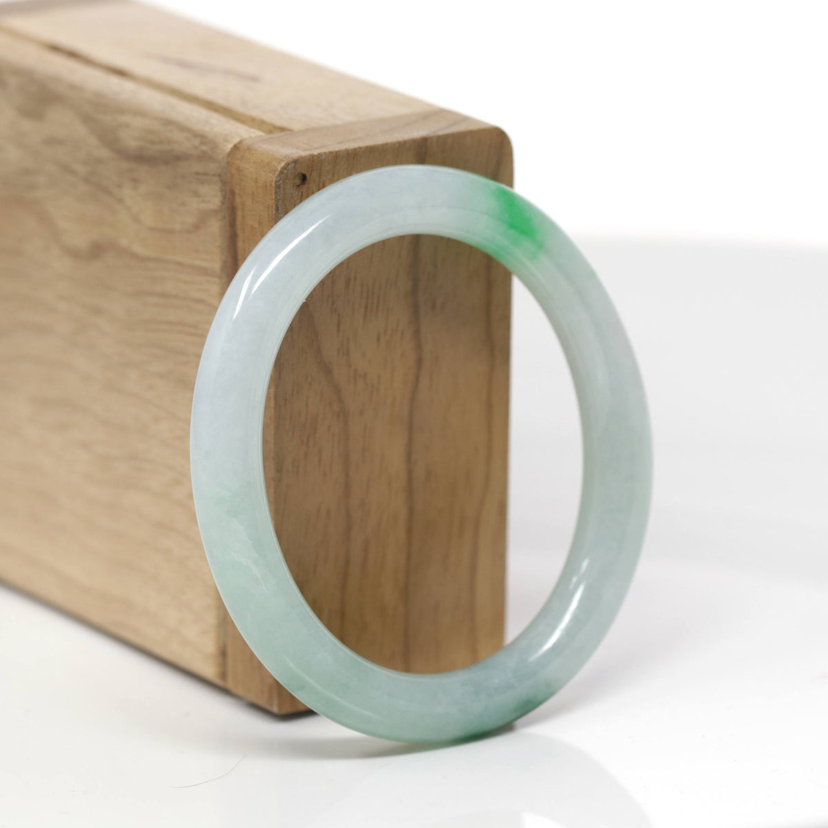 Baikalla Natural Icy Green Flower Jadeite Jade "Oval Traditional Round" Bangle Bracelet (51mm) 