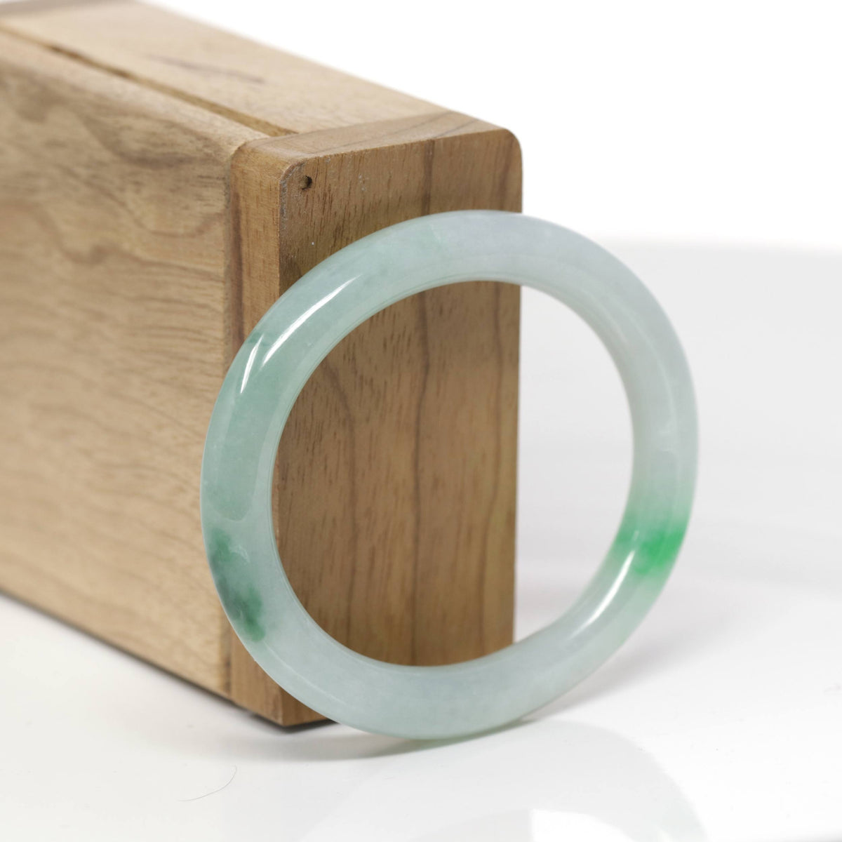 Baikalla Natural Icy Green Flower Jadeite Jade "Oval Traditional Round" Bangle Bracelet (51mm) 