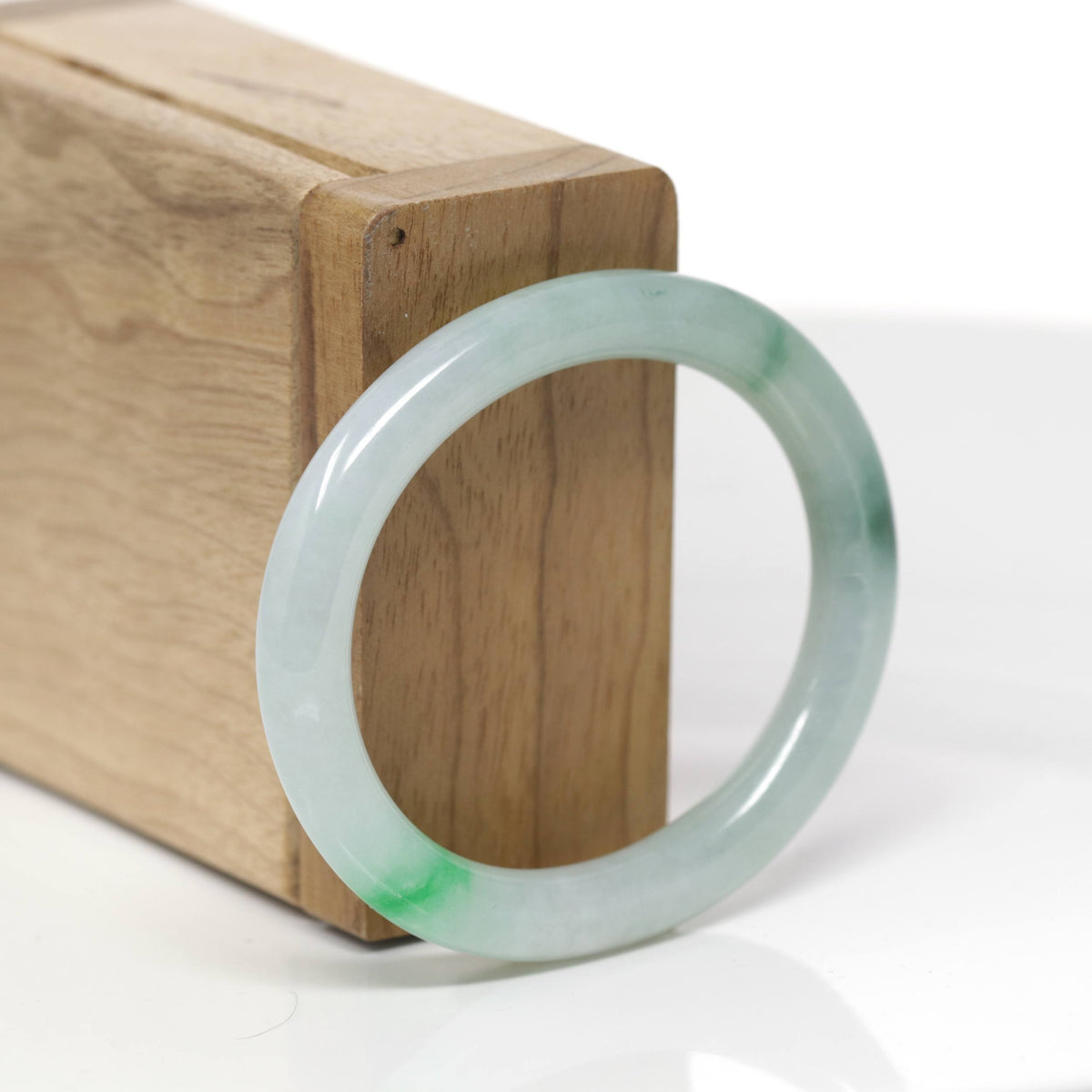 Baikalla Natural Icy Green Flower Jadeite Jade "Oval Traditional Round" Bangle Bracelet (51mm) 
