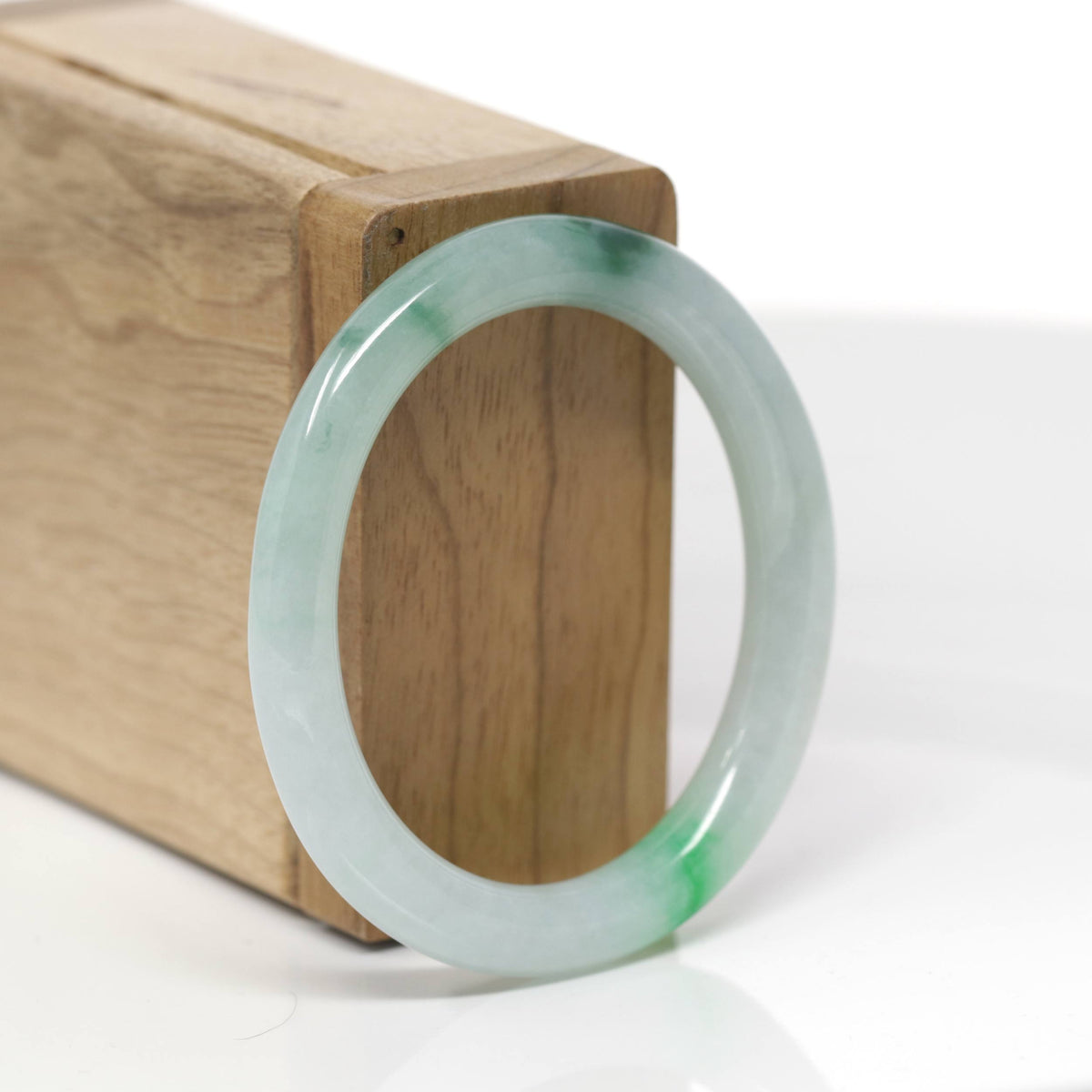 Baikalla Natural Icy Green Flower Jadeite Jade "Oval Traditional Round" Bangle Bracelet (51mm) 