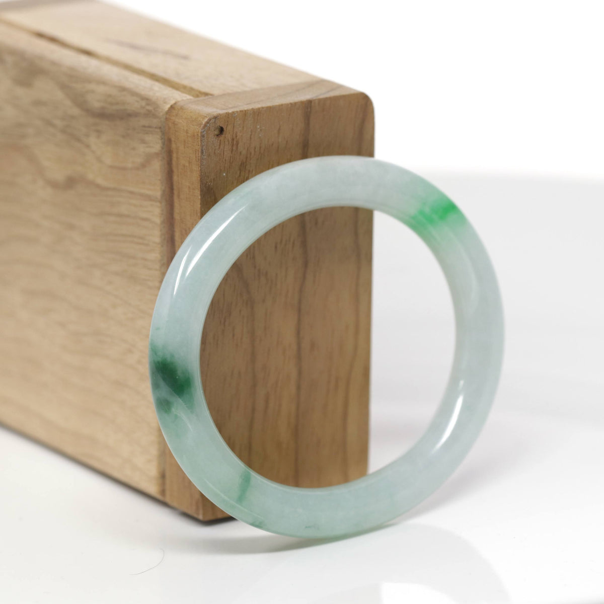 Baikalla Natural Icy Green Flower Jadeite Jade "Oval Traditional Round" Bangle Bracelet (51mm) 
