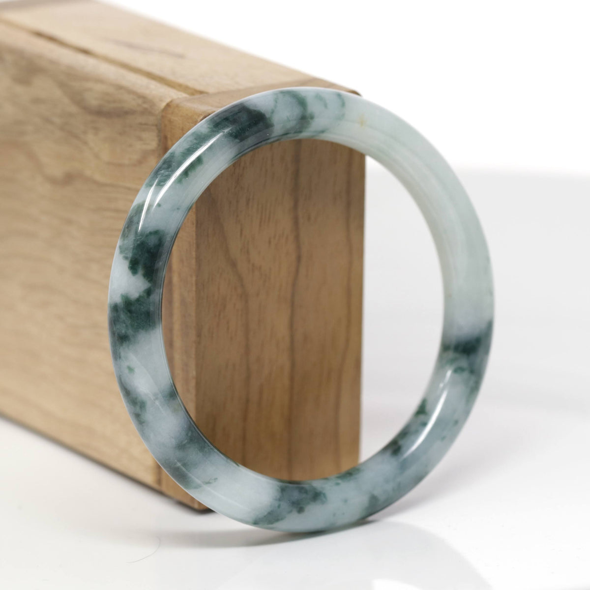 Baikalla Natural Light Blue-Green W/ Blue-Green Flowers Jadeite Jade "Traditional Round" Bangle Bracelet (55.1mm) 