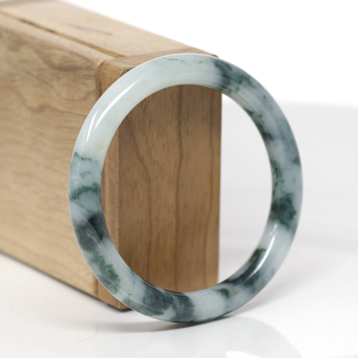 Baikalla Natural Light Blue-Green W/ Blue-Green Flowers Jadeite Jade "Traditional Round" Bangle Bracelet (55.1mm) 