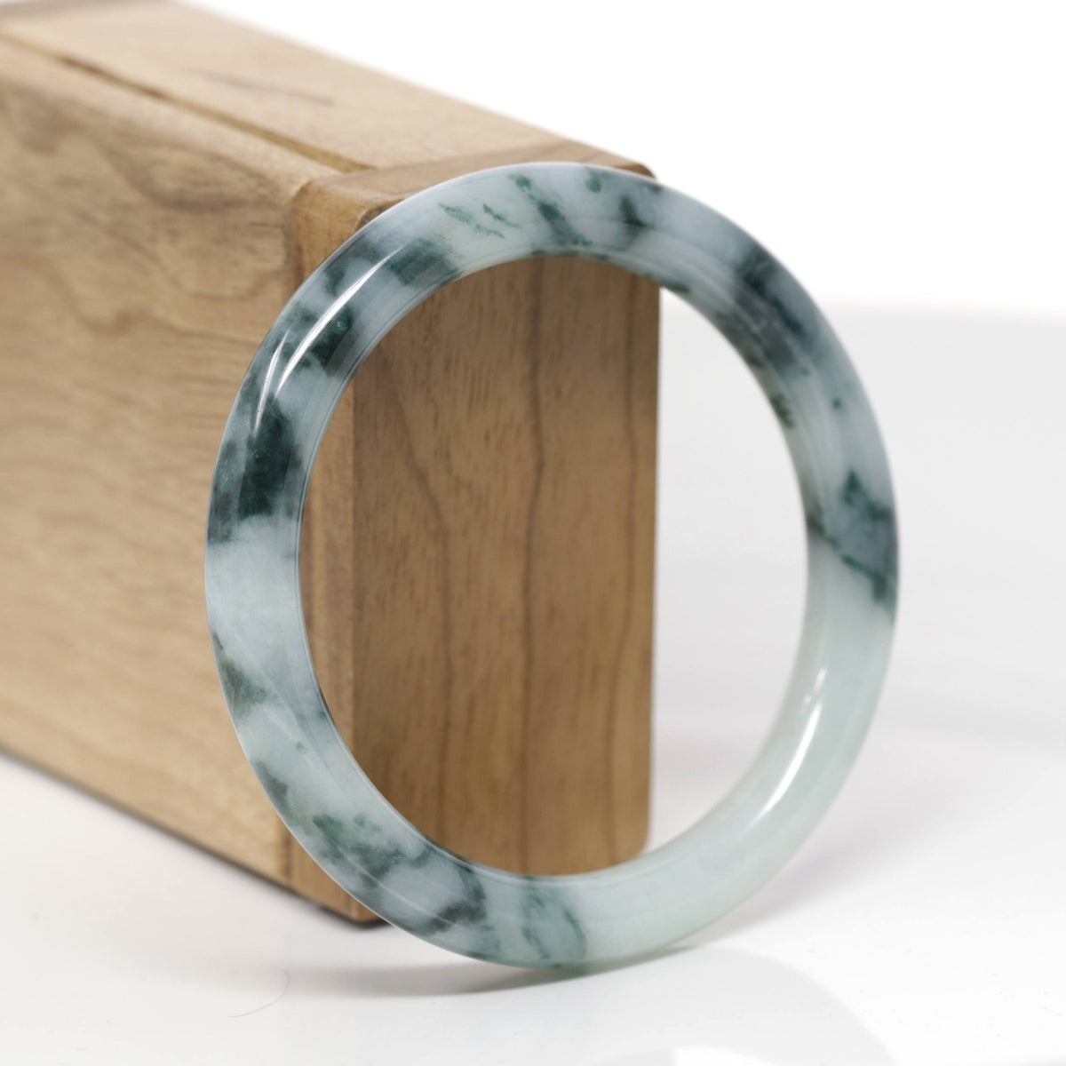 Baikalla Natural Light Blue-Green W/ Blue-Green Flowers Jadeite Jade "Traditional Round" Bangle Bracelet (55.1mm) 
