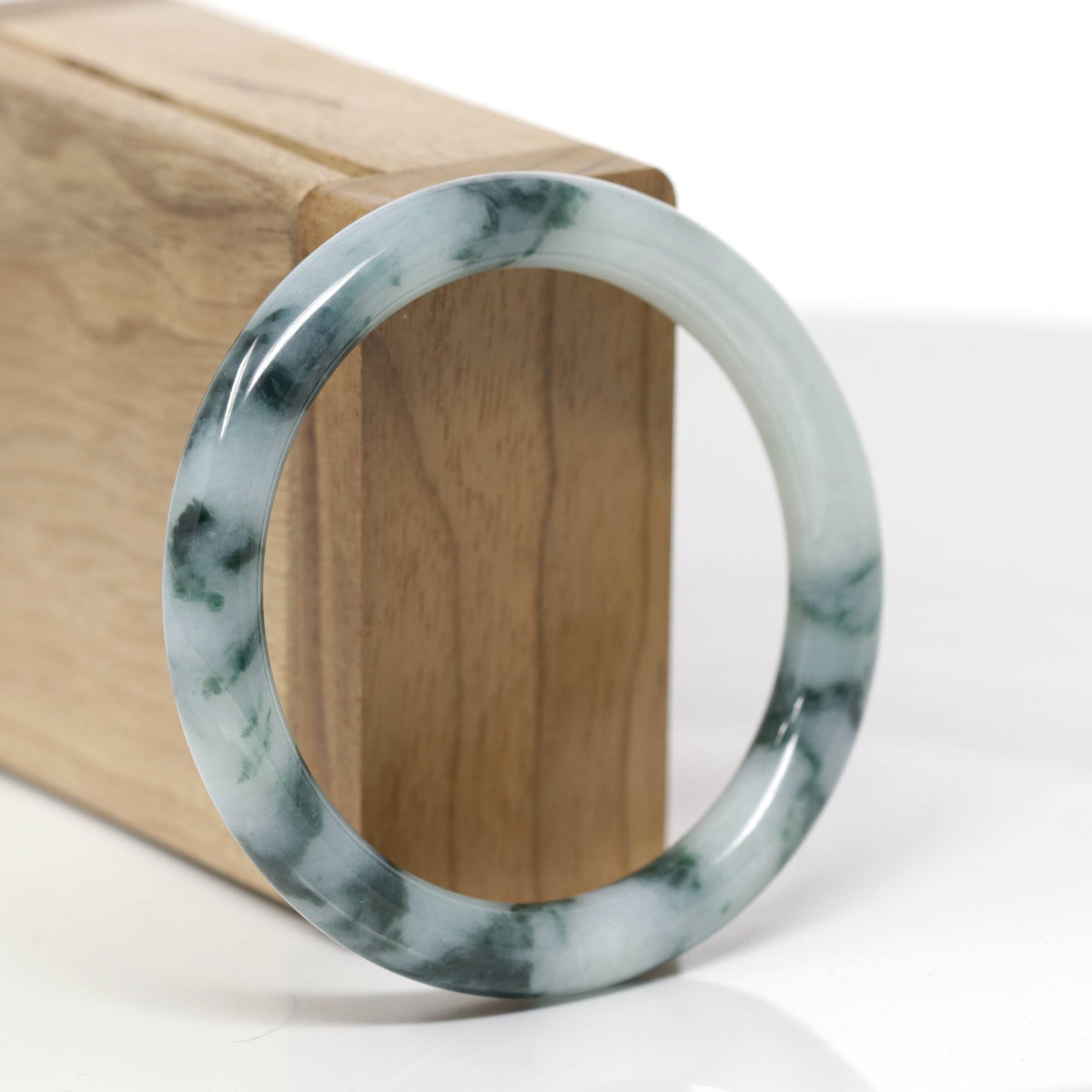 Baikalla Natural Light Blue-Green W/ Blue-Green Flowers Jadeite Jade "Traditional Round" Bangle Bracelet (55.1mm) 