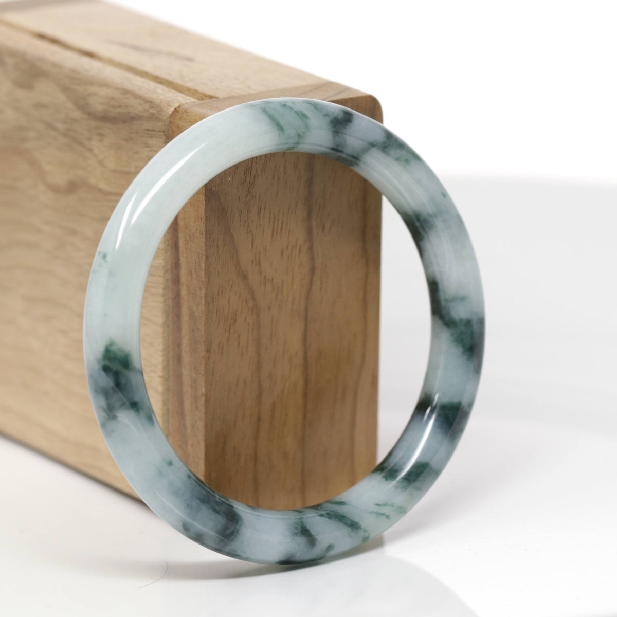 Baikalla Natural Light Blue-Green W/ Blue-Green Flowers Jadeite Jade "Traditional Round" Bangle Bracelet (55.1mm) 