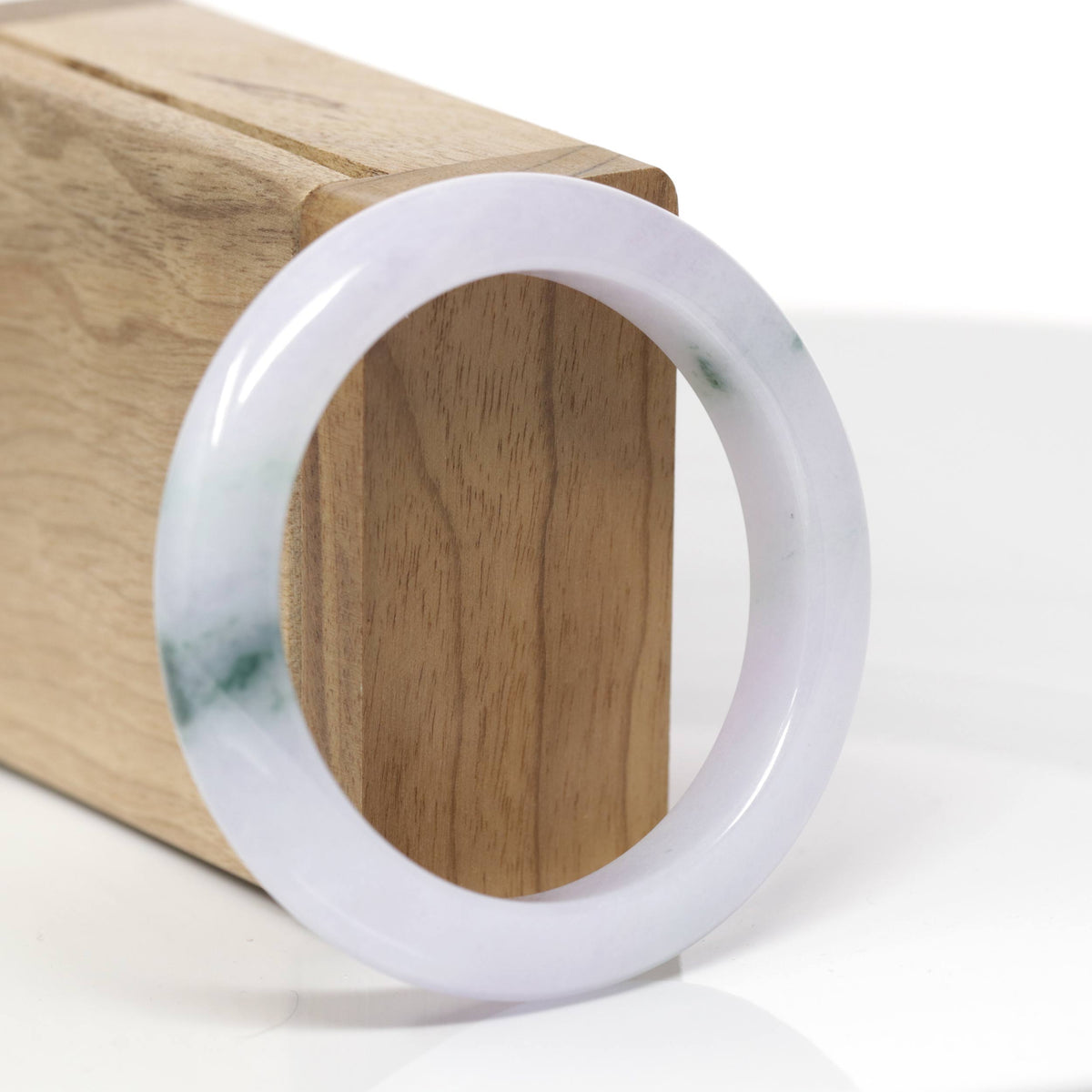 High-End Natural Icy Light Pink-Lavender W/ Deep Green Flowers Jadeite Jade Bangle Bracelet (54.7mm) 