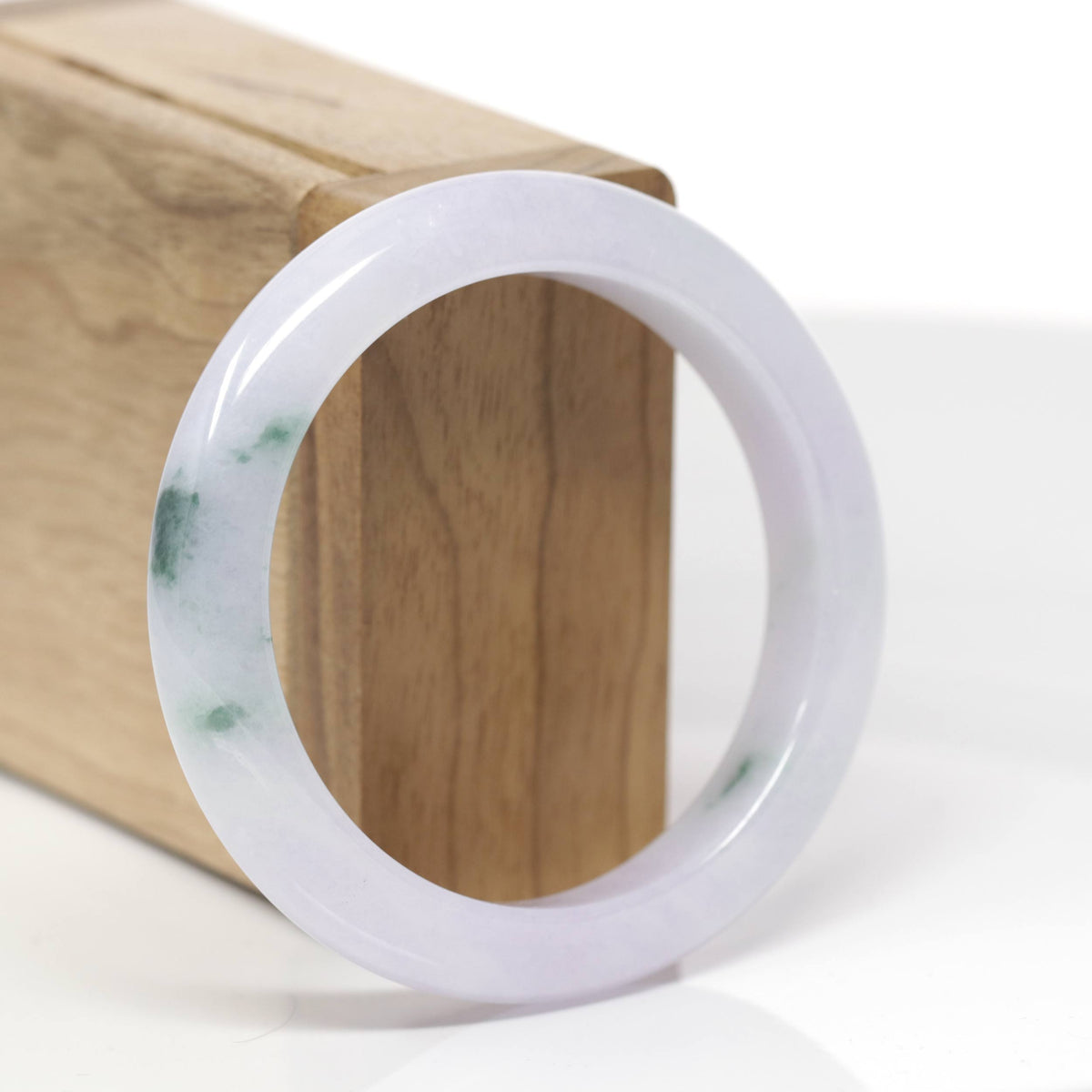High-End Natural Icy Light Pink-Lavender W/ Deep Green Flowers Jadeite Jade Bangle Bracelet (54.7mm) 