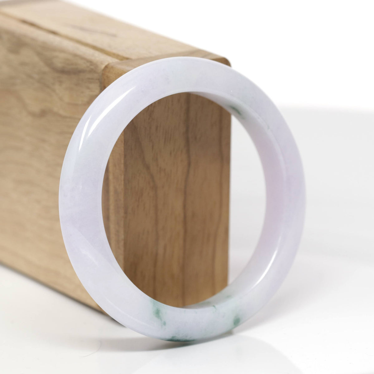 High-End Natural Icy Light Pink-Lavender W/ Deep Green Flowers Jadeite Jade Bangle Bracelet (54.7mm) 