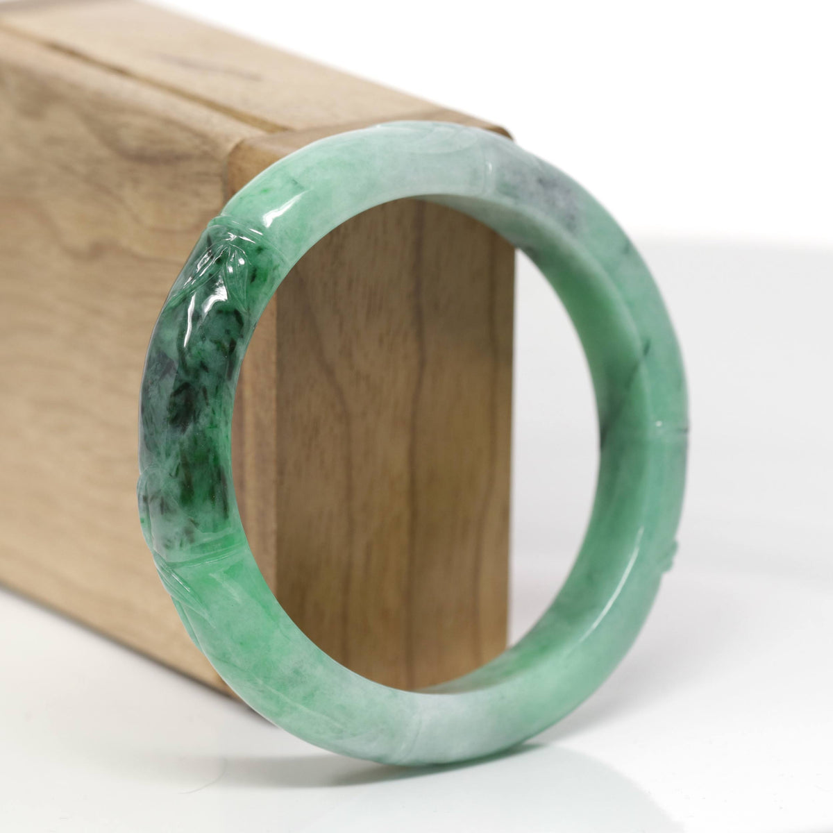 Baikalla Bamboo Carving Natural Forest-Green Jadeite Jade "Half Round" Bangle Bracelet (56.4mm) 