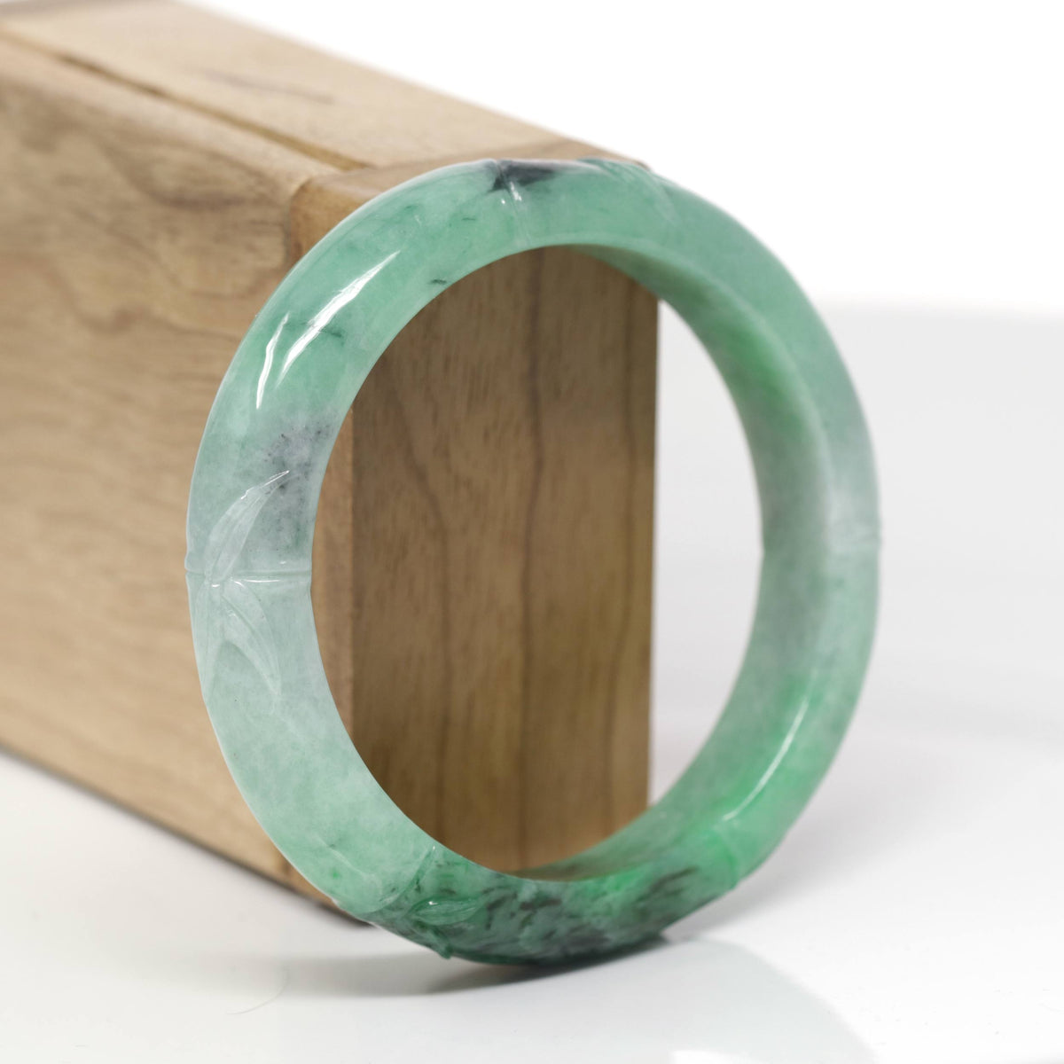 Baikalla Bamboo Carving Natural Forest-Green Jadeite Jade "Half Round" Bangle Bracelet (56.4mm) 