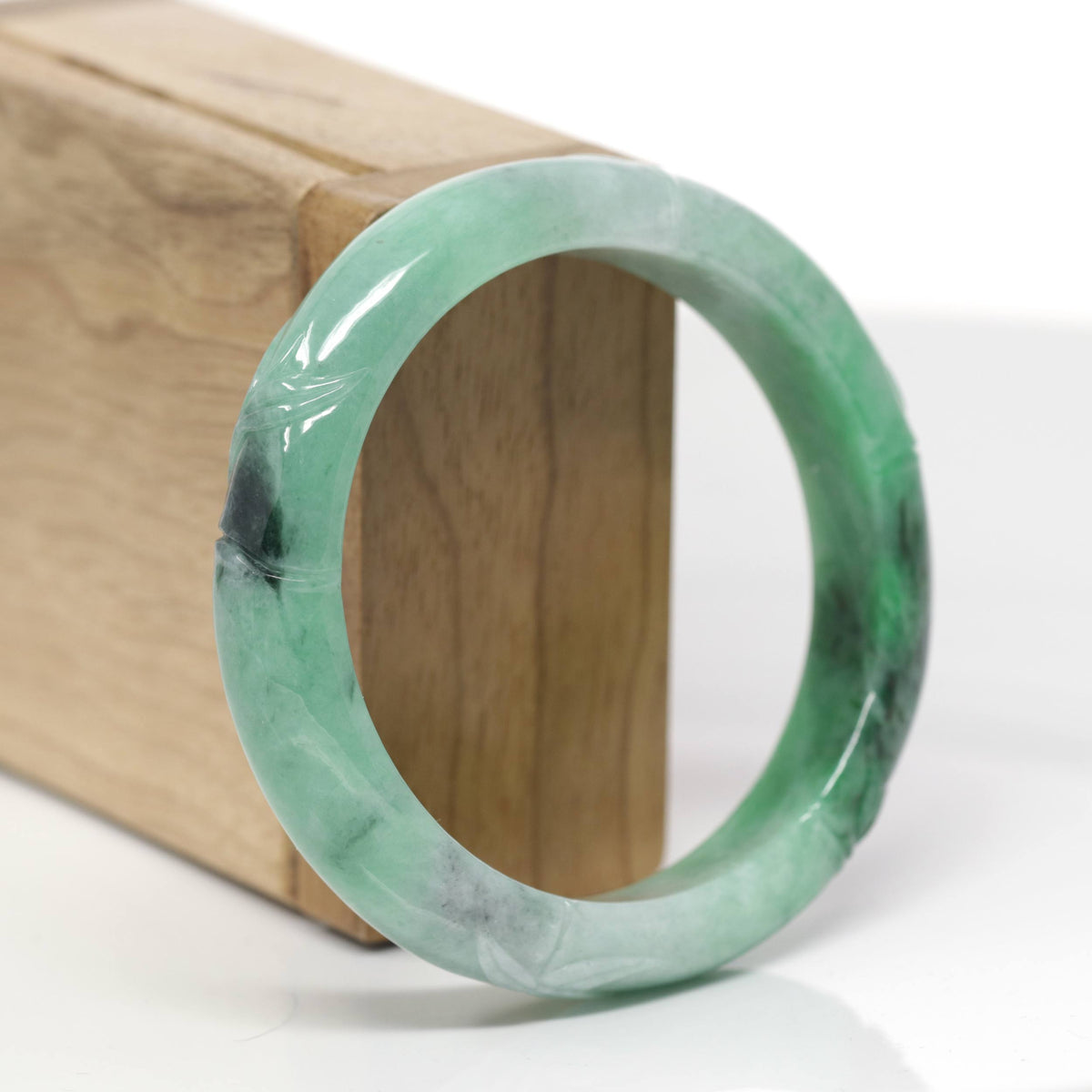 Baikalla Bamboo Carving Natural Forest-Green Jadeite Jade "Half Round" Bangle Bracelet (56.4mm) 