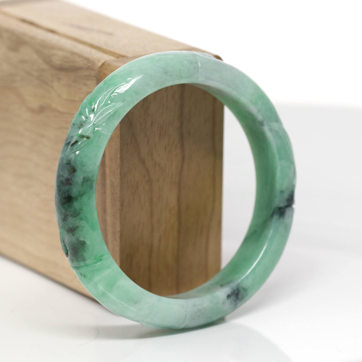 Baikalla Bamboo Carving Natural Forest-Green Jadeite Jade "Half Round" Bangle Bracelet (56.4mm) 