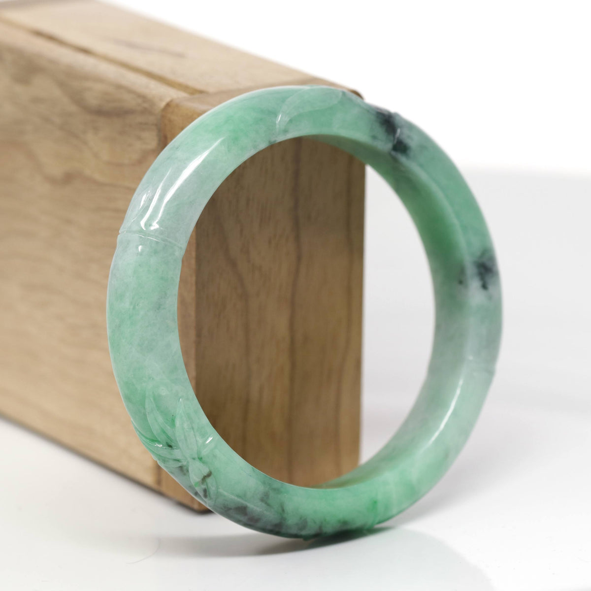 Baikalla Bamboo Carving Natural Forest-Green Jadeite Jade "Half Round" Bangle Bracelet (56.4mm) 
