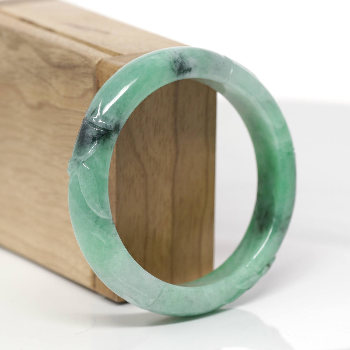 Baikalla Bamboo Carving Natural Forest-Green Jadeite Jade "Half Round" Bangle Bracelet (56.4mm) 