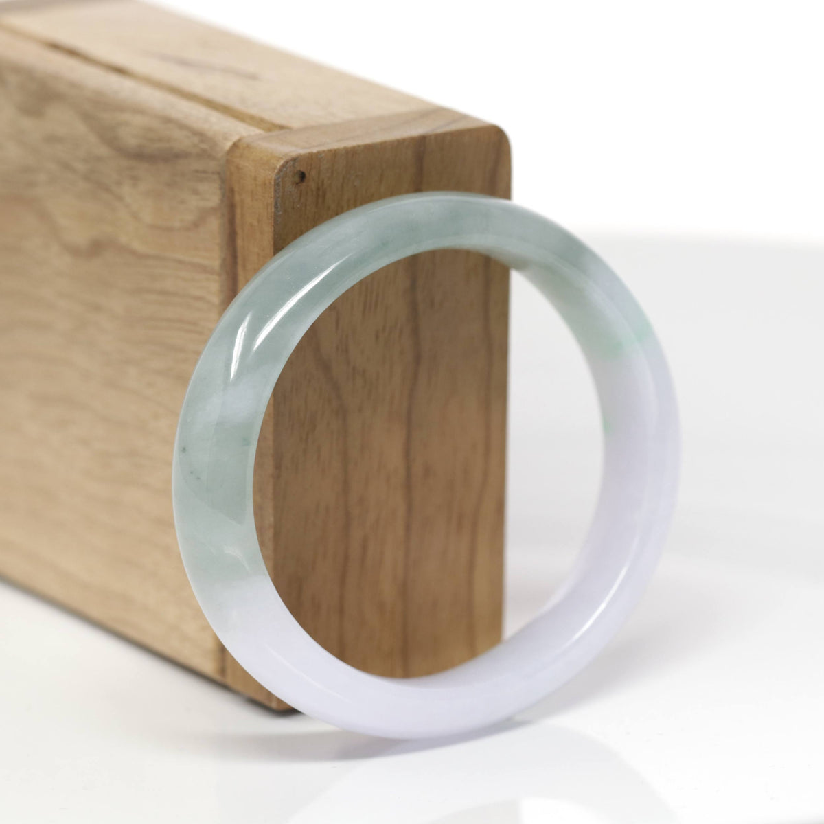 Baikalla Natural Icy Light Lavender &amp; Oil-Green W/ Apple-Green Patches Jadeite Jade "Oval Half Round" Bangle Bracelet (53.6mm) 