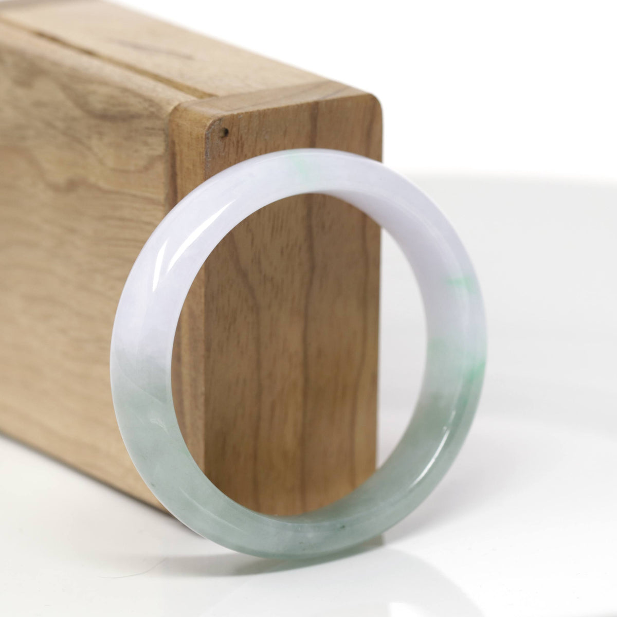 Baikalla Natural Icy Light Lavender &amp; Oil-Green W/ Apple-Green Patches Jadeite Jade "Oval Half Round" Bangle Bracelet (53.6mm) 