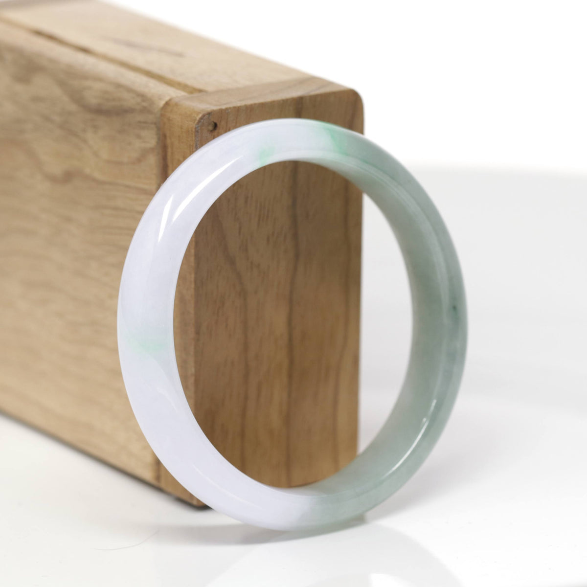 Baikalla Natural Icy Light Lavender &amp; Oil-Green W/ Apple-Green Patches Jadeite Jade "Oval Half Round" Bangle Bracelet (53.6mm) 