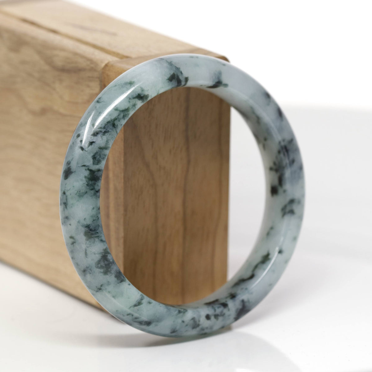 Baikalla Natural Deep Blue-Green Flower Jadeite Jade "Half Round" Bangle Bracelet (55.5mm) 