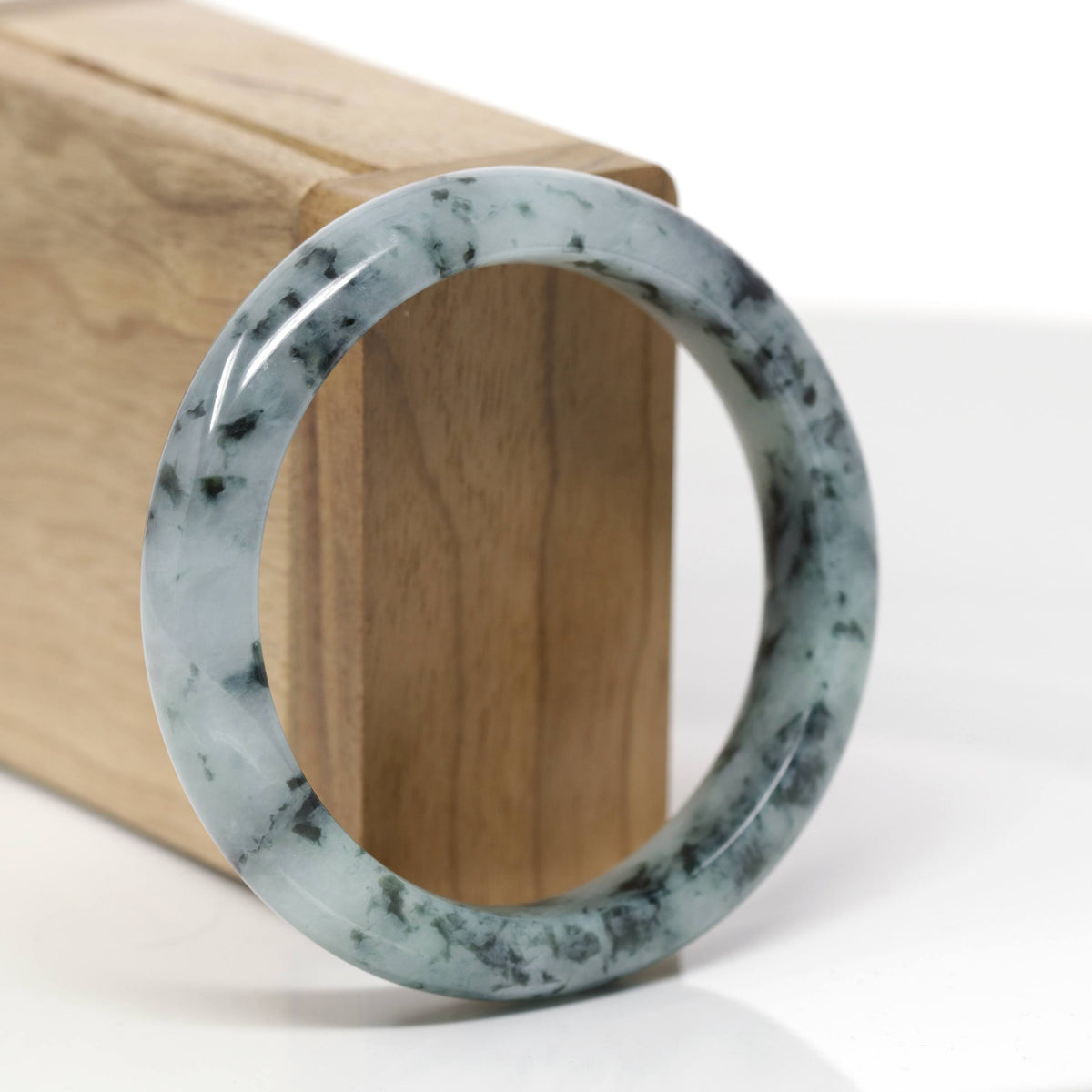 Baikalla Natural Deep Blue-Green Flower Jadeite Jade "Half Round" Bangle Bracelet (55.5mm) 