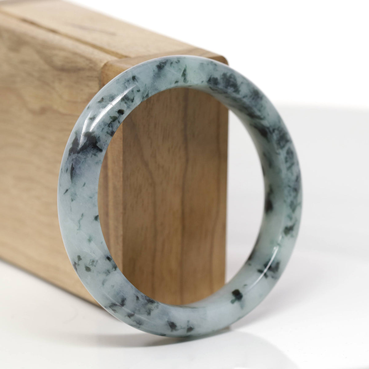 Baikalla Natural Deep Blue-Green Flower Jadeite Jade "Half Round" Bangle Bracelet (55.5mm) 