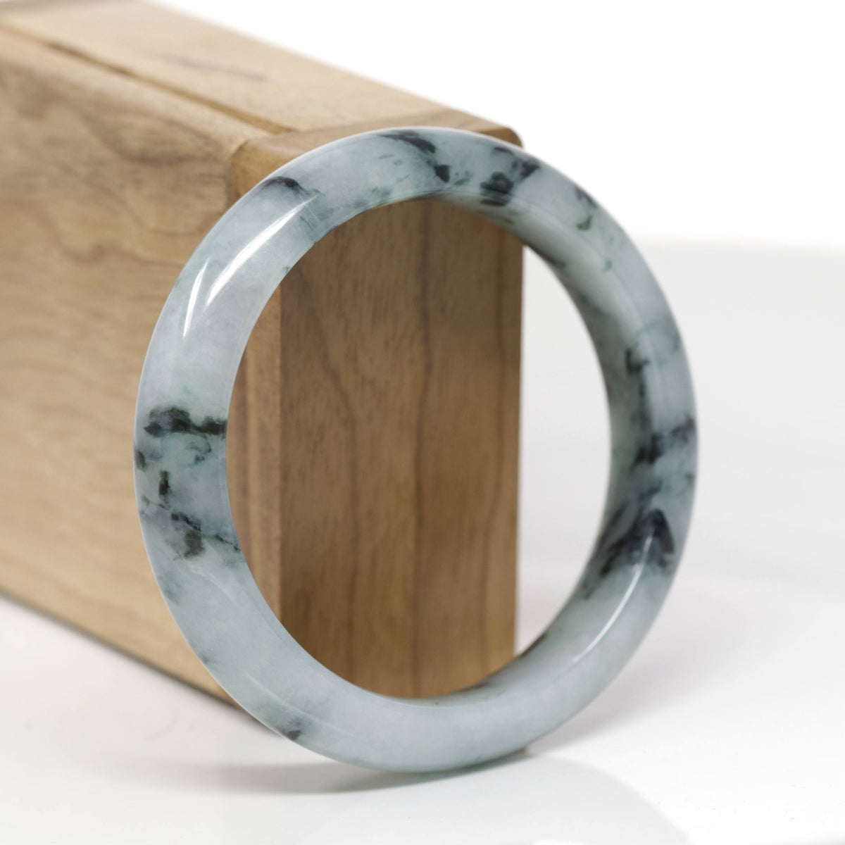 Baikalla Natural Deep Blue-Green Flower Jadeite Jade "Half Round" Bangle Bracelet (55.5mm) 