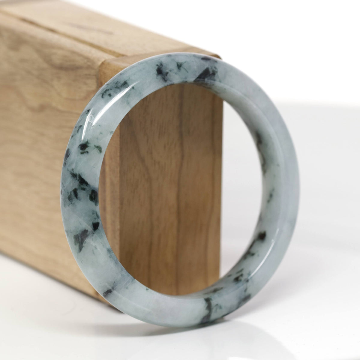 Baikalla Natural Deep Blue-Green Flower Jadeite Jade "Half Round" Bangle Bracelet (55.5mm) 