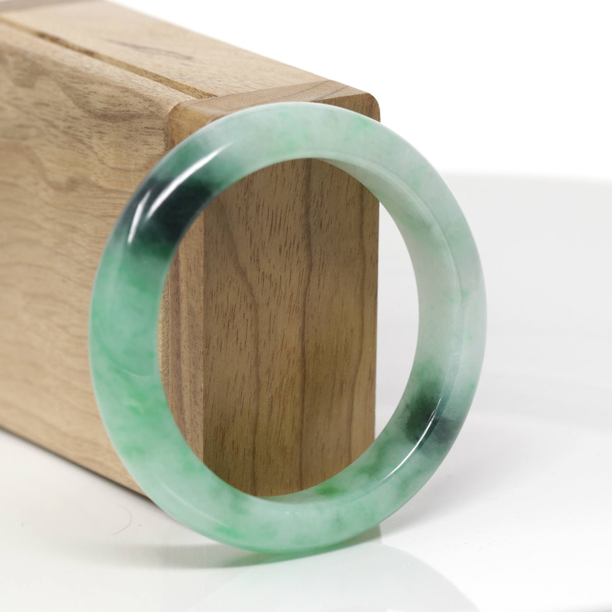 Baikalla Natural Icy Apple Green W/ Forest Green Patches Jadeite Jade "Half Round" Bangle Bracelet (53.8mm) 
