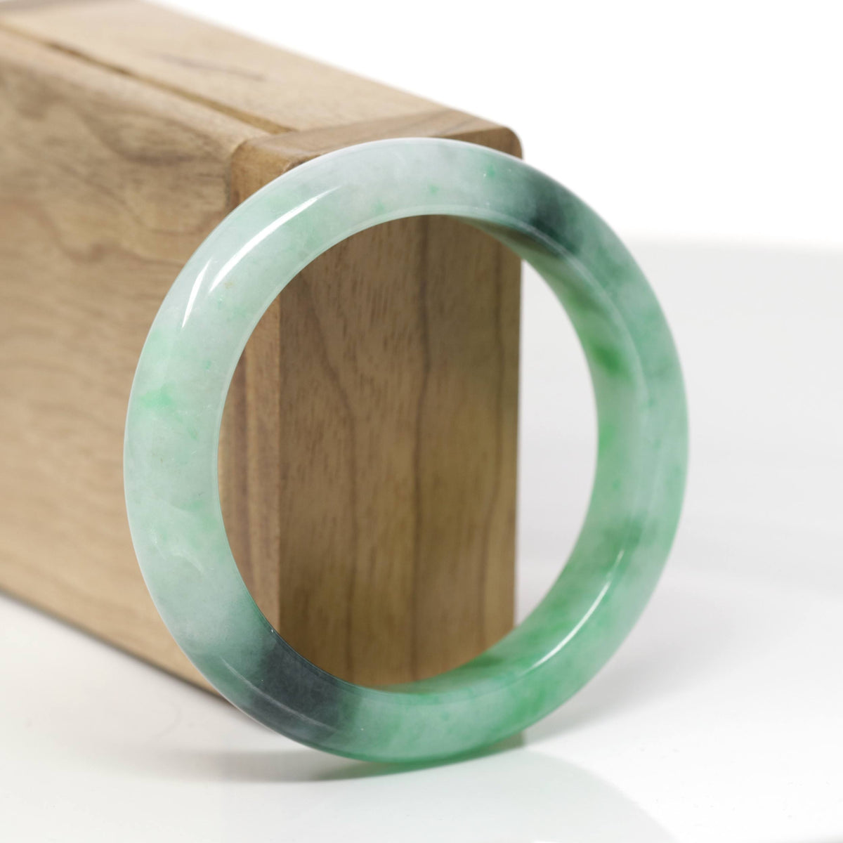 Baikalla Natural Icy Apple Green W/ Forest Green Patches Jadeite Jade "Half Round" Bangle Bracelet (53.8mm) 