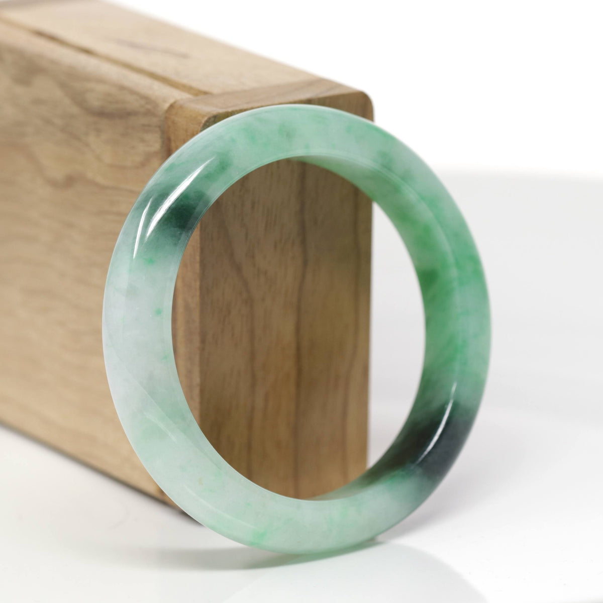 Baikalla Natural Icy Apple Green W/ Forest Green Patches Jadeite Jade "Half Round" Bangle Bracelet (53.8mm) 