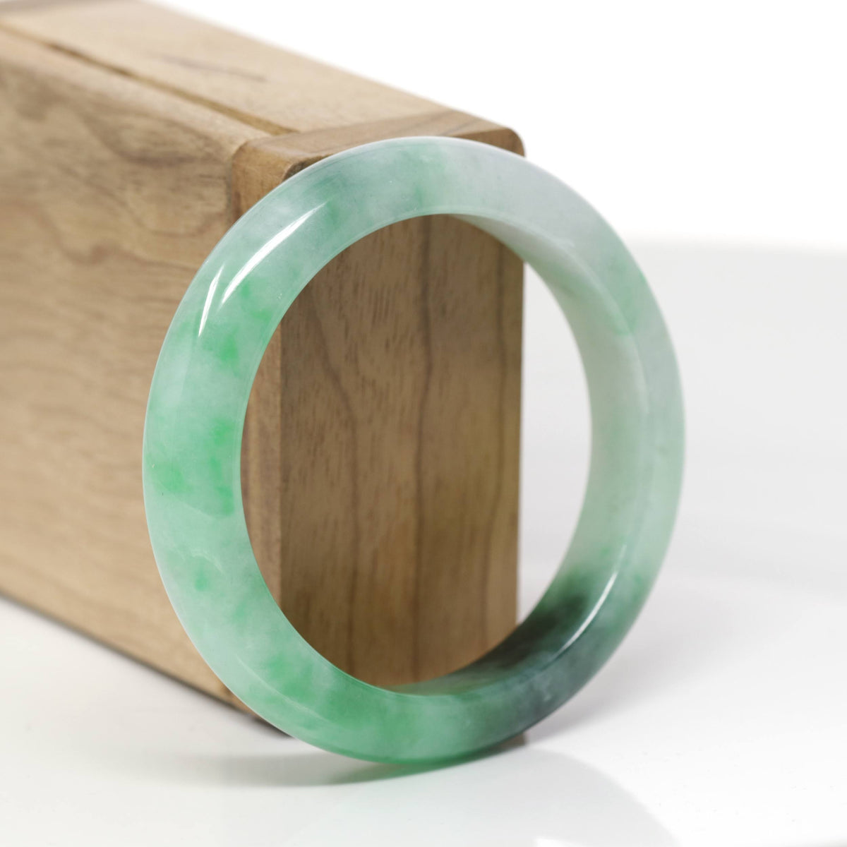 Baikalla Natural Icy Apple Green W/ Forest Green Patches Jadeite Jade "Half Round" Bangle Bracelet (53.8mm) 