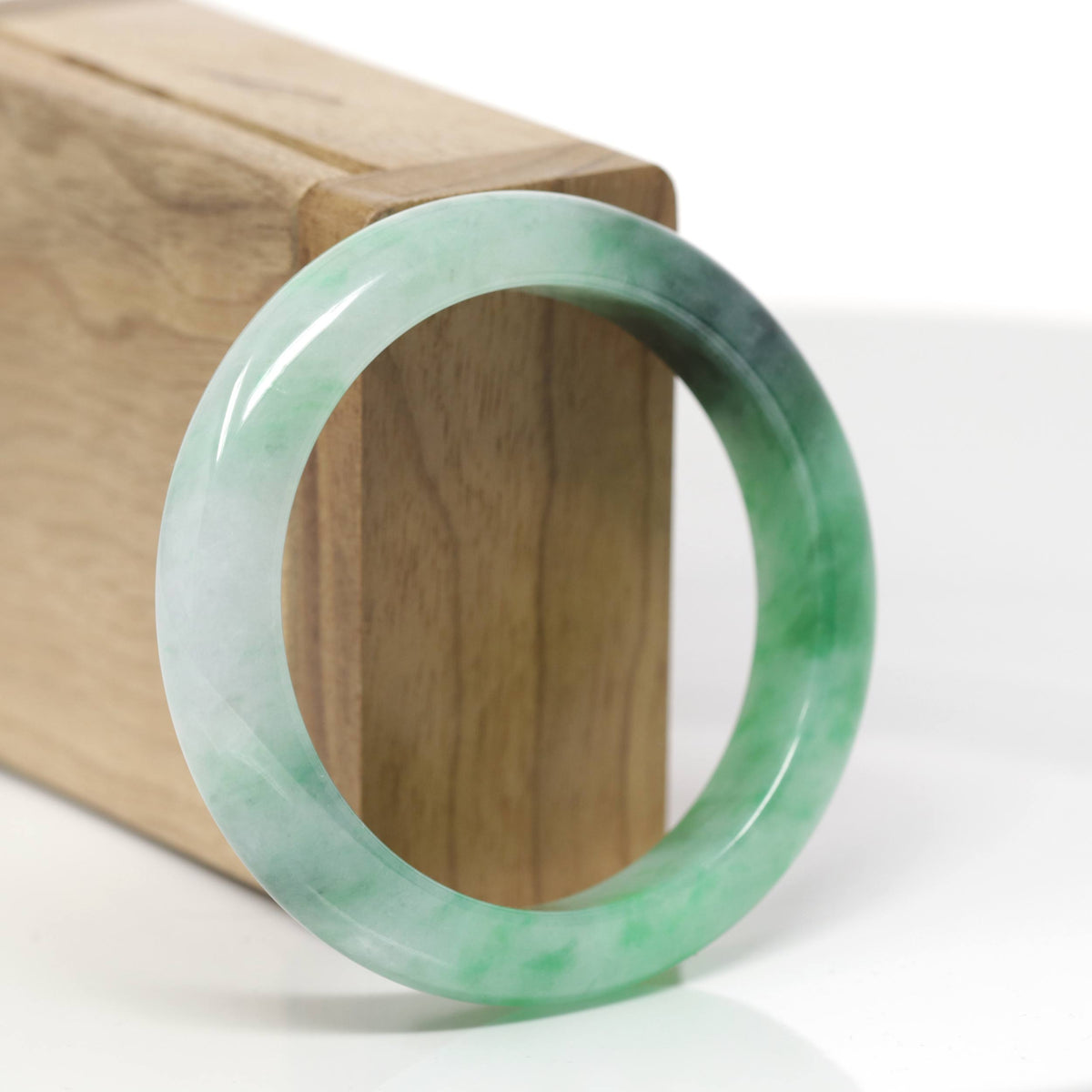 Baikalla Natural Icy Apple Green W/ Forest Green Patches Jadeite Jade "Half Round" Bangle Bracelet (53.8mm) 