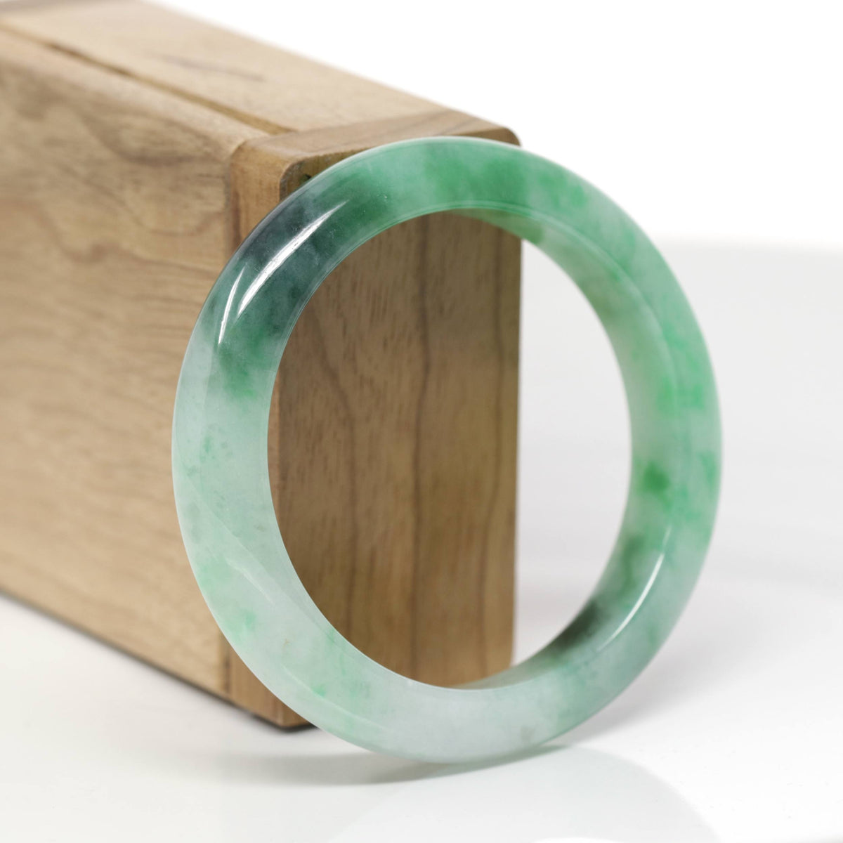 Baikalla Natural Icy Apple Green W/ Forest Green Patches Jadeite Jade "Half Round" Bangle Bracelet (53.8mm) 