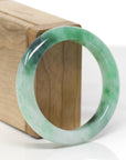 Baikalla Natural Icy Apple Green W/ Forest Green Patches Jadeite Jade "Half Round" Bangle Bracelet (53.8mm) 